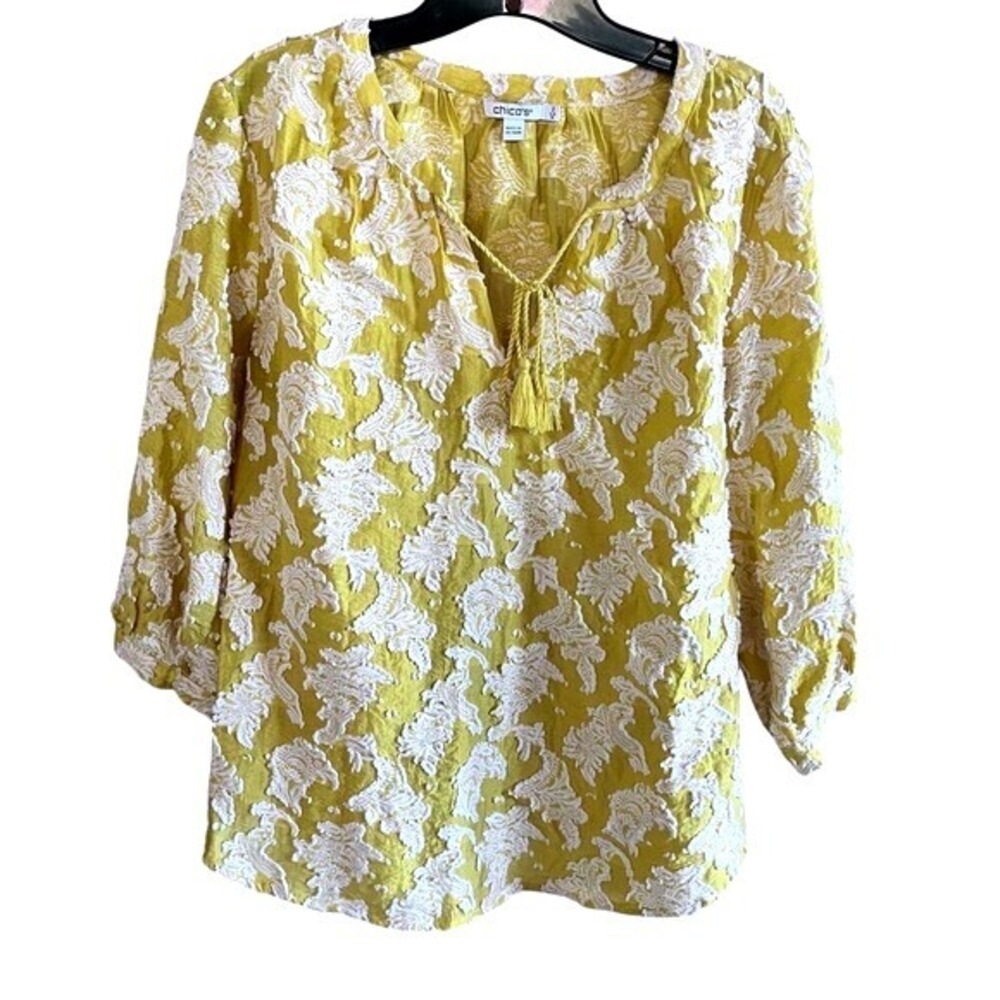 Talbots Yellow 3D Jacquard Clip Dot 3/4 Sleeve Floral Top‎ Size 12 (K349)